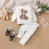 Roupas outono bebê menina terno recém-nascido criança manga longa xadrez urso padrão superior moletom calças terno roupas esportivas 0 24m