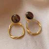 Stud Earrings Korean Retro French Tiger's Eye Stone Round For Women Fashion Cute Sweet Metal Jewelry Party Gifts