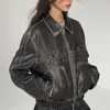 Kvinnorjackor Y2K Bomber Jacket Kvinnor Vintage Harajuku Bow Print Pu Leather Coats Kvinnliga koreanska mode High Street -dragkedja Motocykel