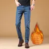 Winter Thermal Warm Flannel Stretch Jeans Mens Quality Famous Brand Fleece Pants Straight Flocking Trousers Denim Jean 240102