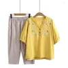 المسارات النسائية FDFKLAK الأم في منتصف العمر لباس الصيف الكتان القطن التطريز ثنائية القميص قصير الأكمام