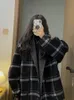 Xgoth svart vit ullrock Autumn Winter Korean Loose Slim Hong Kong Style Retro Tweed Jacket Female Long Plaid Tweed Coat 240102