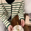 Dress Limiguyue Green Striped Knitted Cardigans Women Elegant Sweater Metal Buttons Tops Vintage Autumn Winter Loose Classic Coats