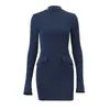 Casual Dresses Dark Blue Mini Elegant Round Collar Evening Party Vestidos Autumn Long Sleeve Two Pocket Dress 2024 BodyCon