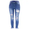 Jeans da donna per pantaloni in denim sottile a vita alta elasticizzati con nappa con foro estivo femminile