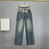 Damenjeans Europäische Mode mit weitem Bein 2024 Frühling Hohe Taille Schwere Stickerei Bohren Mopp Hose Blaue Denimhose