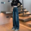 Kvinnors jeans kvinnor 2024 Hösten Löst breda benbyxor Pocket Hög midja raka avslappnade byxor Kvinnlig denim last