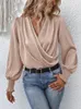 Women's Blouses Simple Cross Pleated V Neck Shirt Spring And Summer Solid Color Retro Lanternlong Sleeved Female White Office