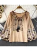 Women Spring Blouse Ethnic Style Retro Literature Loose Embroidered Cotton Linen Round Neck Pullover Shirt Casual Top D3549 240102