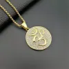 Hip Hop Iced Out Round Indian Yoga Pendant Necklace 14k Yellow Gold OHM Hindu Buddhist AUM OM Necklace Golden Color India Jewelry