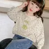 2023 Autumn and Winter Girls Pullover Round Neck Patchwork Printing Bow Lace Loose Fashion Casual Elegant Long Sleeve Tops 240103