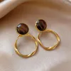 Stud Earrings Korean Retro French Tiger's Eye Stone Round For Women Fashion Cute Sweet Metal Jewelry Party Gifts