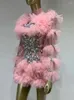 Casual Kleider Stock Frauen Sexy Mesh Kristall Diamanten Perlen Rosa Mini Kleid Geburtstag Party Kostüm Bar Nachtclub Bühne Leistung