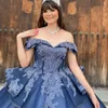 Königsblaues, schulterfreies Ballkleid-Quinceanera-Kleid, glänzende Applikation, Spitze, Perlen, Tüll, Korsett, Sweet 16, Vestidos, 15. Dezember des 15. Jahrhunderts