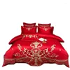 Set di biancheria da letto 4 pezzi di lusso in cotone di seta Set da sposa copripiumino ricamato lenzuolo piatto rosso cinese tessili per la casa trapunta patchwork