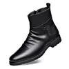 Botas de couro masculino dedo do pé redondo aumento interno motocicleta zíper lateral fundo grosso caminhadas sapatos botas de cuero hombre