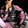 Graben Baseball Rosa Jacke Varsity Y2K Streetwear Winter Frauen Kleidung Lange Racer Patchwork Jacken Letterman Mäntel 240103