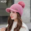 Bonnets femme lapin cheveux rayure tricoté chapeaux hiver visière chapeau épais chaud Skullies bonnets hiver chapeaux pour femmes doux Bonnet 240103