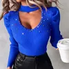 Blusas femininas oco com decote em v topo brilhante diamante strass malha cor sólida magro ajuste camisa magro malhas camiseta