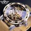 Gewinner Goldene Uhren Männer Skeleton Mechanische Uhr Kristall Mesh Schlanke Edelstahl Band Top Marke Luxus Hand Wind Armbanduhr 240102