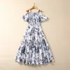 Europa och USA: s kvinnor 2024 Winter New Boat Neck Short Sleeve Flower Print Fashion Cotton Pleated Dress XXL