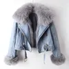 Mulheres gola de pele do falso jean casaco inverno parkas moda jaqueta feminina curto quente coelho forro cabelo outwear r067 240102