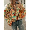 CINESSD Vrouwen Print Blouses Casual Losse Tops Stand V-hals Lange Mouwen Knop Plus Size Trui Vrouwelijke Tee Shirts blouse 240102