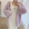 Luxury Vneck Mink Cashmere Knit Cardigan Mohair Crochetes Sweater Coat Casual Lantern Sleeve Tops Jersey Mujer Sueters de 240103