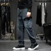 Idopy Men's Cargo Jeans Fashion Multi Pockets Work Blue Loose Fit Denim Pants For Male Plus Size 240103