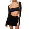 Kvinnors T -skjortor Kvinnor Summer outfit Solid Color Long Sleeve Bandage Backless Crop Tops och Casual Mini Slit Kjol Set