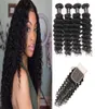 Malaysian Deep Curly Human Hair Bundles With Closure Peruvian Hair 4Bundles with 44 Lace Closure Body Wave Deep Loose Wave Hair E37216167