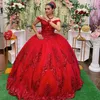 Muhteşem Kırmızı Quinceanera Elbiseler 15 Yıl 2024 Balo elbisesi Seksi V Boyun Kapalı Omuz Aplike Dantelli Kız için Uzun Parti Elbisesi 0514