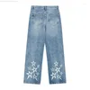 Kvinnors jeans 2024 Fashion Star Denim Baggy Pants Par Y2K Korean Style Wide Leg Woman YK2 Emo Streetwear Male 90s Vintage