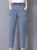 Винтажные джинсы до щиколотки с высокой талией, эластичные джинсовые брюки-шаровары, большие размеры 4XL, прямые Vaqueros для мам, повседневные мешковатые Spodnie 240102