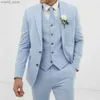 Trajes de hombre Blazers Trajes de hombre de boda azul claro Esmoquin de lino Slim Fit Ropa de novio Terno 3 piezas (chaqueta + pantalón + chaleco) Blazer de novio Come Homme Q230103