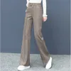 Pantalones rectos de mezcla de lana gruesa, pantalones de pierna ancha de lana de estilo coreano, pantalones sueltos informales de cintura alta para invierno para mujer 240102