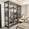 Hangers Light Luxury Door Bedroom Sliding Cloakroom Casement Tempered Glass Wardrobe Aluminum Alloy