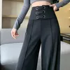 Women's Pants Solid Color High Waisted Zipper Wide Leg Spring Autumn Fashion Patchwork Bright Line Decoration Straight Suit