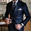 Chic Pinstripe Navy Blue Men Suits 2 Piece Set High Quality Formal Double Breasted Lapel Suit Slim Fit Smart Casual Tuxedo 240103