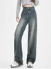 Jeans pour femmes bleu taille haute femme denim pantalon streetwear vintage poches large jambe mode coréenne pleine longueur pantalon droit