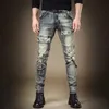 Light Luxury Men's Slim-fit Stretch Denim Pants Patchwork Decors Multi-Pockets Cargo Jeans Moto Biker Retro Blue Jeans Pants; 240103