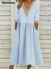 Eotvotee Women's Cotton Linen Dress 2024 Summer New Half Sleeved Vネックカジュアルドレスファッションレトロスプレッチルーズミディタンクトップ240103