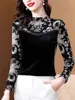 Damesblouses 2024 Herfst en Winter Halfhoge hals Onderhemd voor dames Pluche verdikte blouse Slanke print Gesplitst Elegante fluwelen top