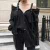 Women's Blouses 2024 Fashion Slim Black Strap Vertical Stripe Female Blouse Off-shoulder Long Sleeve Women Shirt RE2451