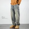 Pantalon Denim décontracté américain, couleur unie, rétro, jambes larges, droite, taille moyenne, poches, bas, coupe ample, vêtements pour hommes, 240102