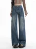 Jeans pour femmes Cargo Femmes Denim Pantalon Bleu Taille haute Streetwear Plus qu'une poche Mode Vintage Pantalon large jambe droite