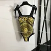 Vintage impresso uma peça maiô cintura alta praia meio vestido conjunto sexy halter bikini para mulher praia banho