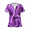 Koszulki damskie Purple marmurowy nadruk T-shirty płyn Casual Deep V Szyjka Krótkie rękaw