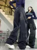 Jeans femininos multi bolso mulheres hip hop streetwear solto perna larga calças retas vintag personalizado rua preto denim y2k