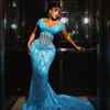 Artı Boyut Aso Ebi Prom Elbiseler IceBlue denizkızı şeffaf boyun illüzyonu kısa kollular Afrika Nijerya Siyah Kadınlar Gowns Party NL277